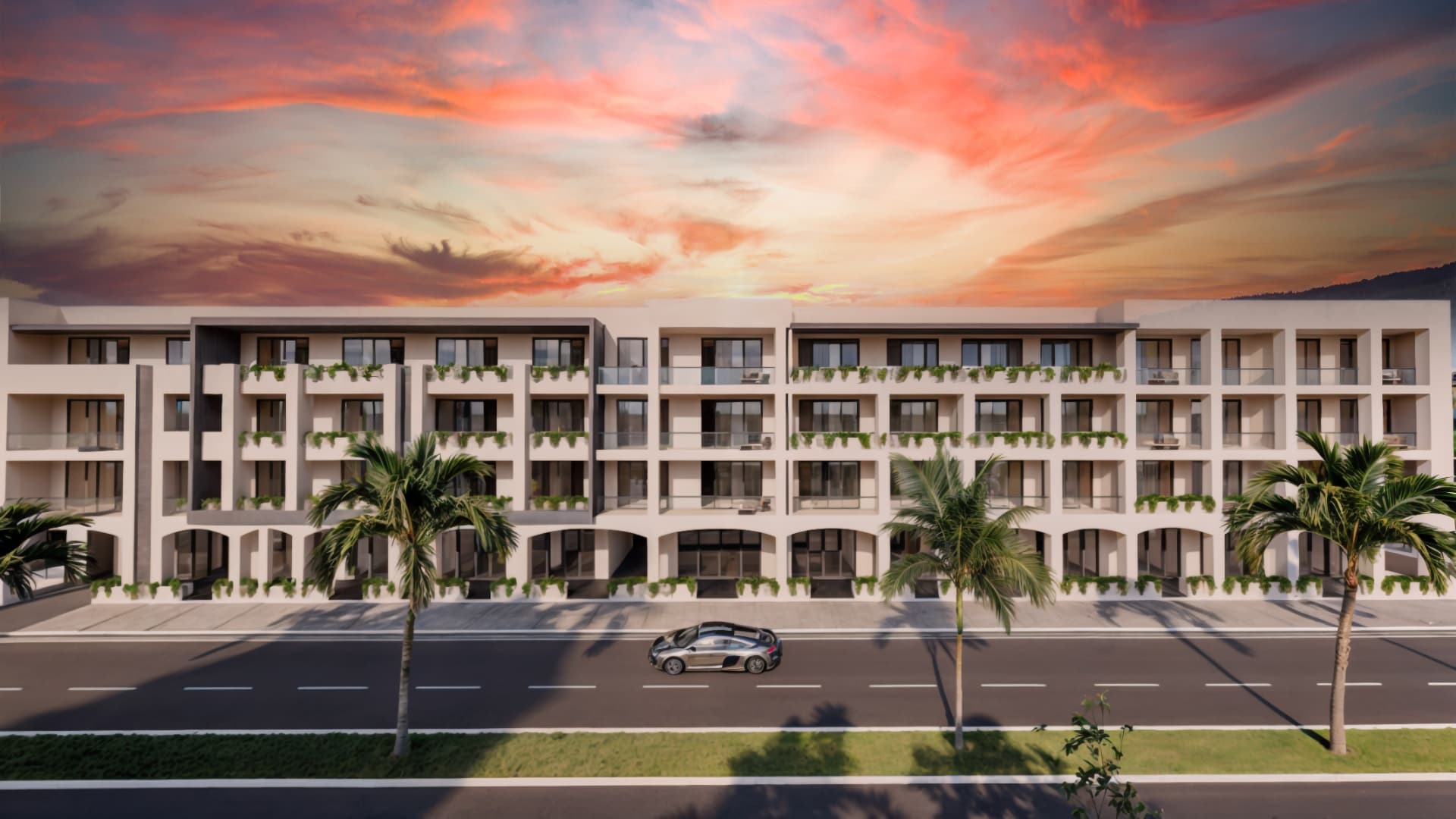 Fachada de Sundara Condos & Plaza al atardecer en Santa Cruz, Huatulco