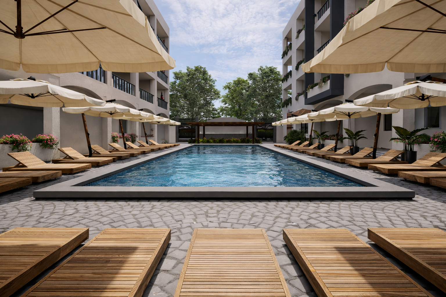 Render de la fachada de Sundara Condos & Plaza en Santa Cruz, Huatulco