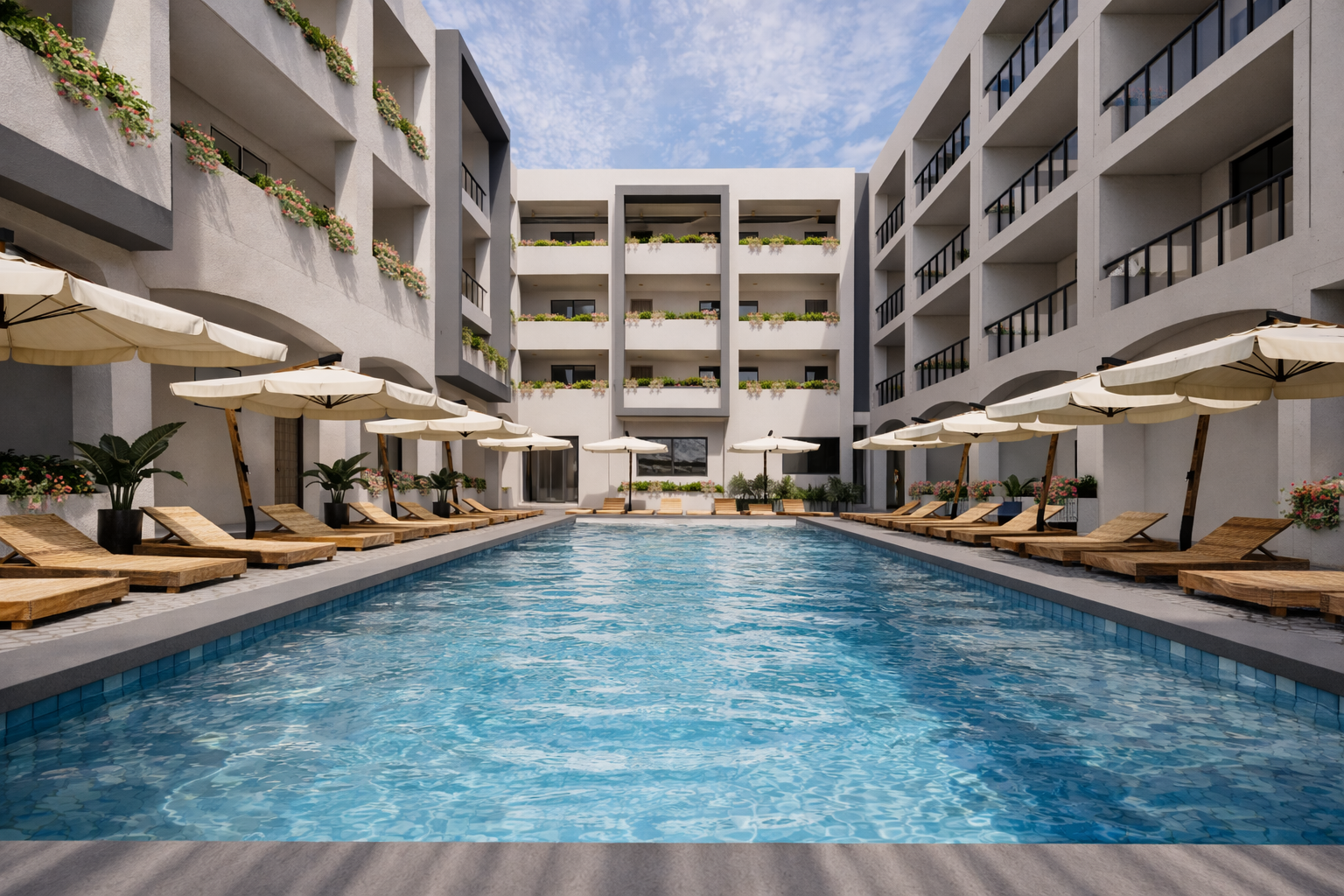 Alberca central de Sundara Condos & Plaza en Santa Cruz, Huatulco